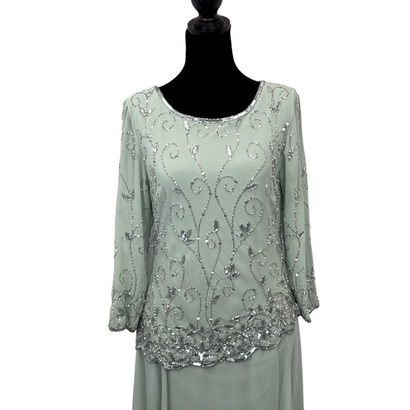 J Kara Women’s Evening Gown Beaded/Scalloped Asymmetrical Celadon Size-6 NWT - Picture 3 of 14
